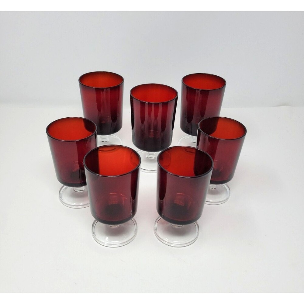 7pc Luminarc Cavalier Cranberry Red Glasses Clear Stems Cocktail French Barware